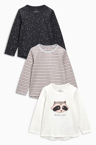 Grey/Cream/Stripe Long Sleeve Character T-Shirts Three Pack (3mths-6yrs)